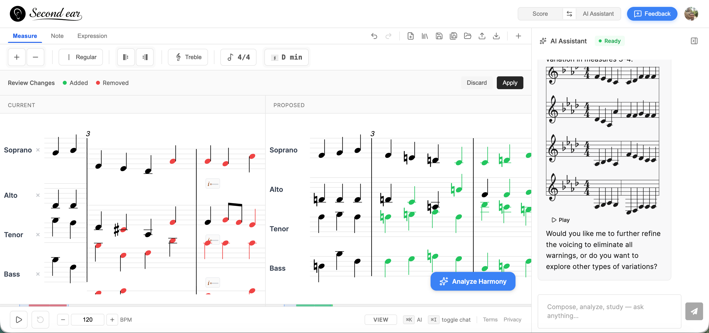 AI-powered notation editor showing a visual diff with red removed notes and green added notes, Review Changes header with Apply and Discard buttons